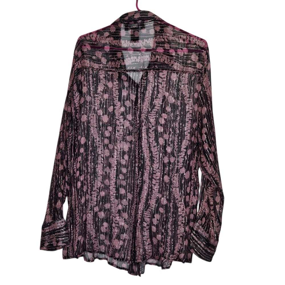 Silkland Sheer Metallic Blouse Long Sleeve Button Top Pink Black 1X Silk Blend